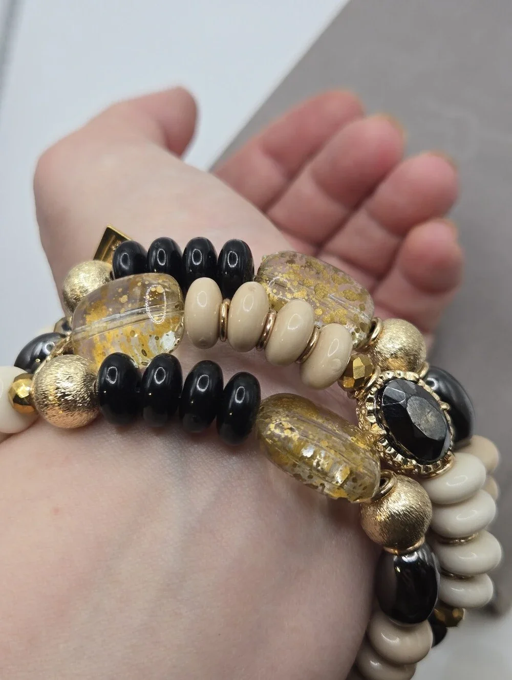Mixed Metals Chunky Rondelle Beads Bracelet Stack Talbots Gold Fleck Boho Beachy